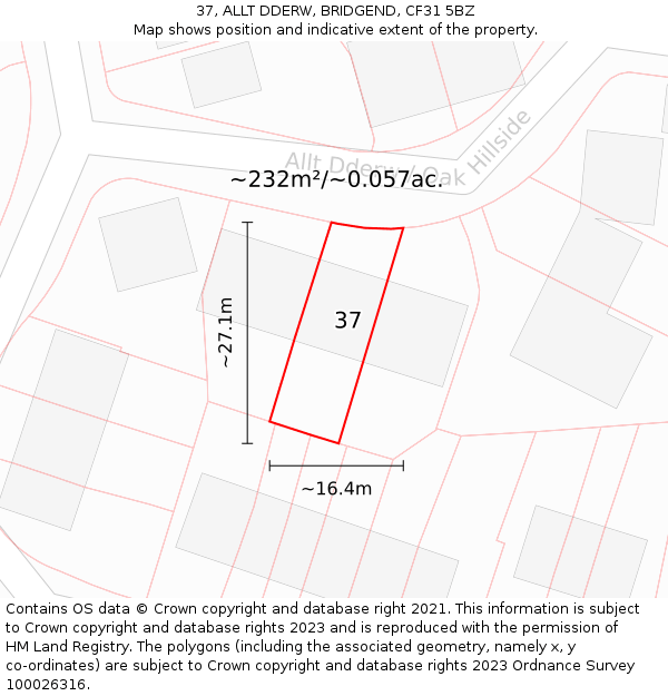 37, ALLT DDERW, BRIDGEND, CF31 5BZ: Plot and title map