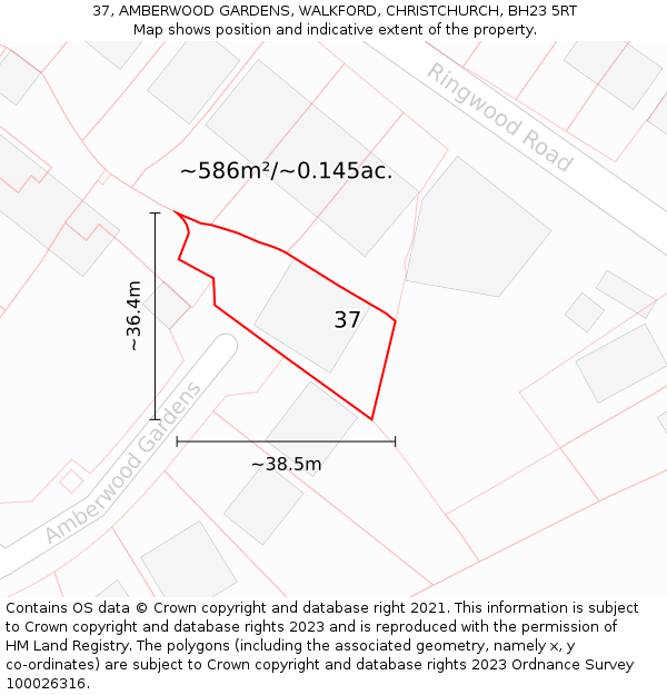 37, AMBERWOOD GARDENS, WALKFORD, CHRISTCHURCH, BH23 5RT: Plot and title map