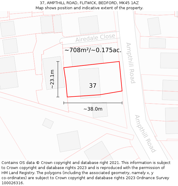 37, AMPTHILL ROAD, FLITWICK, BEDFORD, MK45 1AZ: Plot and title map