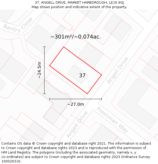 37, ANGELL DRIVE, MARKET HARBOROUGH, LE16 9GJ: Plot and title map