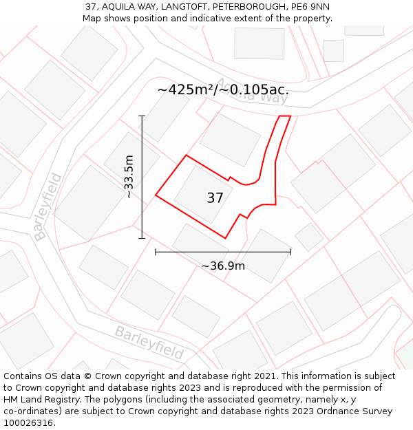 37, AQUILA WAY, LANGTOFT, PETERBOROUGH, PE6 9NN: Plot and title map