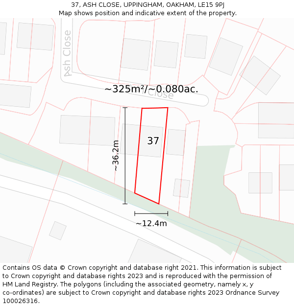 37, ASH CLOSE, UPPINGHAM, OAKHAM, LE15 9PJ: Plot and title map