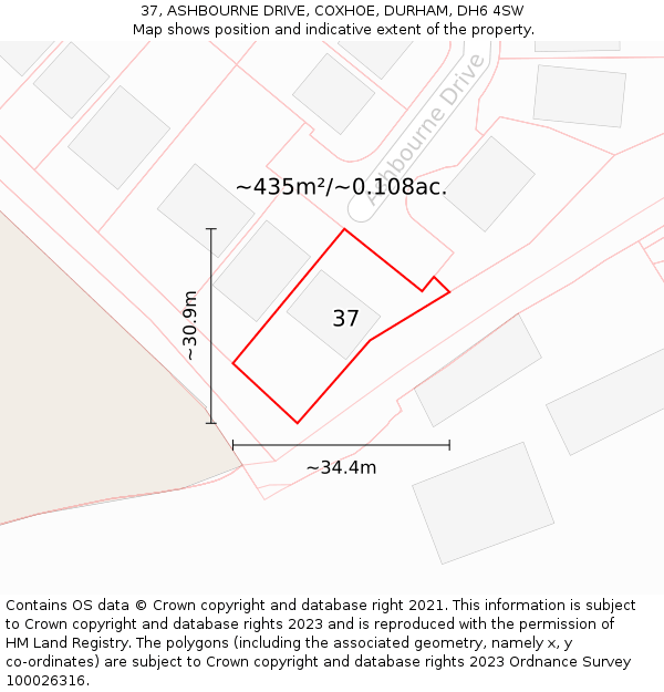 37, ASHBOURNE DRIVE, COXHOE, DURHAM, DH6 4SW: Plot and title map