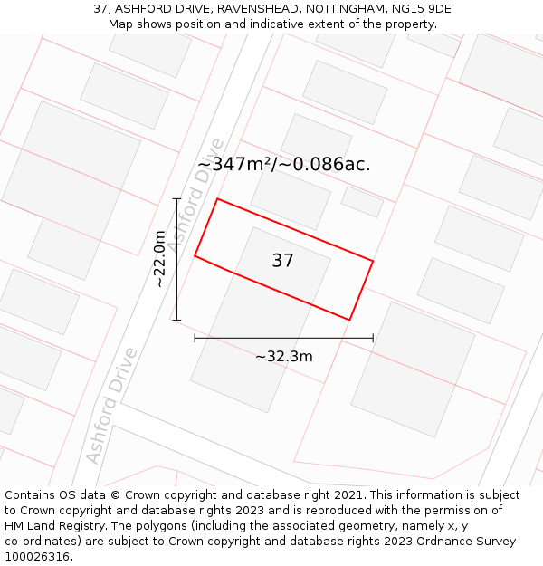 37, ASHFORD DRIVE, RAVENSHEAD, NOTTINGHAM, NG15 9DE: Plot and title map