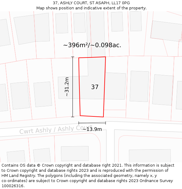 37, ASHLY COURT, ST ASAPH, LL17 0PG: Plot and title map