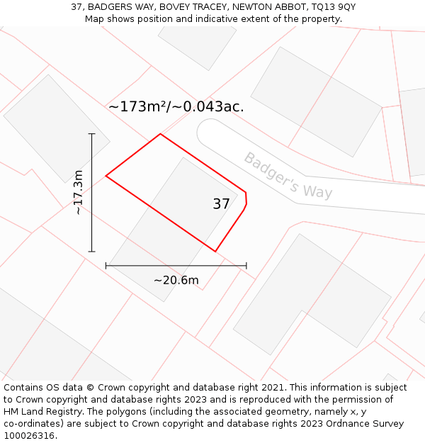 37, BADGERS WAY, BOVEY TRACEY, NEWTON ABBOT, TQ13 9QY: Plot and title map