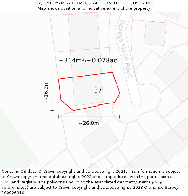 37, BAILEYS MEAD ROAD, STAPLETON, BRISTOL, BS16 1AE: Plot and title map