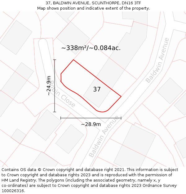 37, BALDWIN AVENUE, SCUNTHORPE, DN16 3TF: Plot and title map