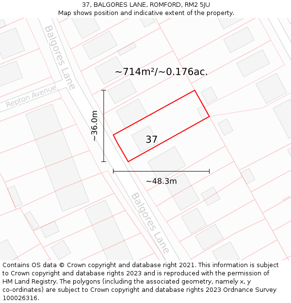 37, BALGORES LANE, ROMFORD, RM2 5JU: Plot and title map
