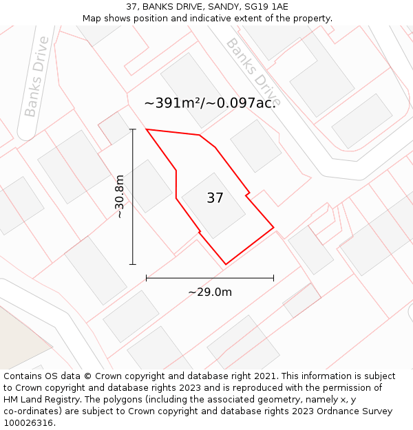 37, BANKS DRIVE, SANDY, SG19 1AE: Plot and title map