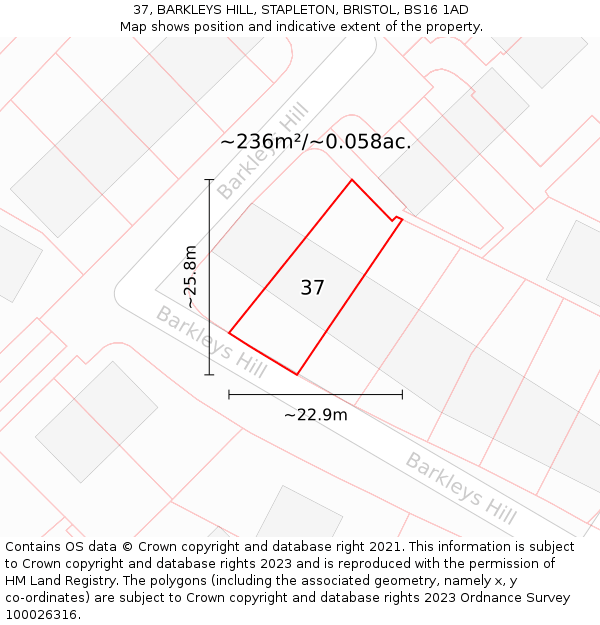 37, BARKLEYS HILL, STAPLETON, BRISTOL, BS16 1AD: Plot and title map