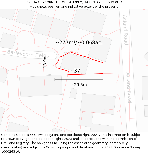 37, BARLEYCORN FIELDS, LANDKEY, BARNSTAPLE, EX32 0UD: Plot and title map