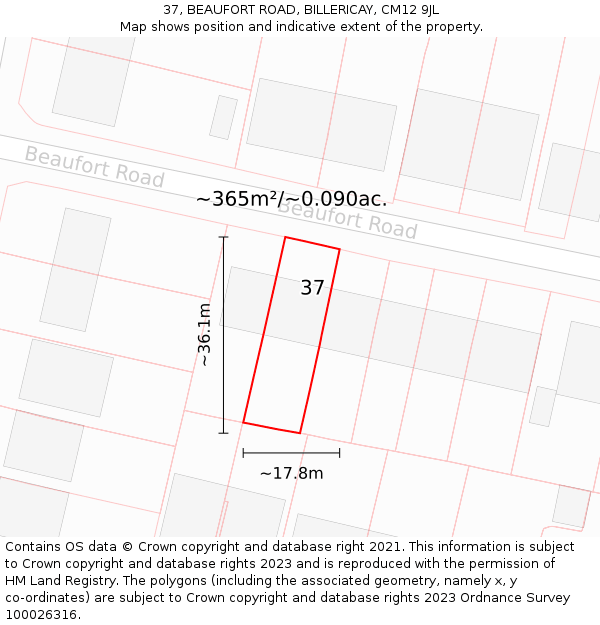 37, BEAUFORT ROAD, BILLERICAY, CM12 9JL: Plot and title map