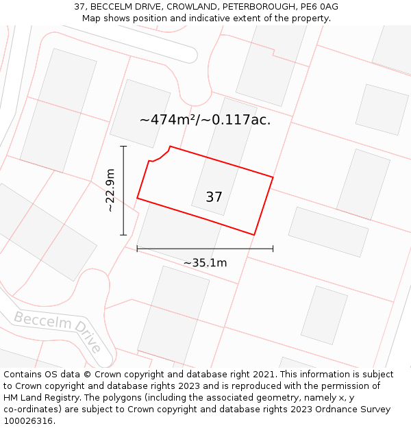37, BECCELM DRIVE, CROWLAND, PETERBOROUGH, PE6 0AG: Plot and title map