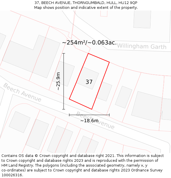37, BEECH AVENUE, THORNGUMBALD, HULL, HU12 9QP: Plot and title map