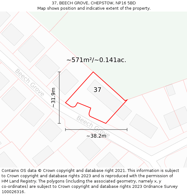37, BEECH GROVE, CHEPSTOW, NP16 5BD: Plot and title map