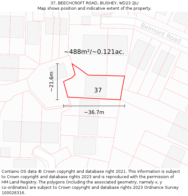 37, BEECHCROFT ROAD, BUSHEY, WD23 2JU: Plot and title map