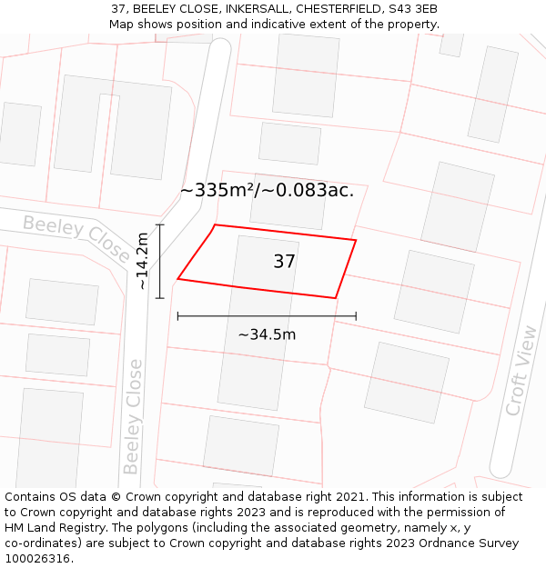 37, BEELEY CLOSE, INKERSALL, CHESTERFIELD, S43 3EB: Plot and title map