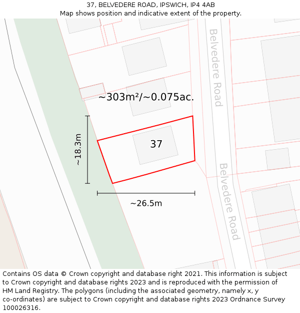 37, BELVEDERE ROAD, IPSWICH, IP4 4AB: Plot and title map