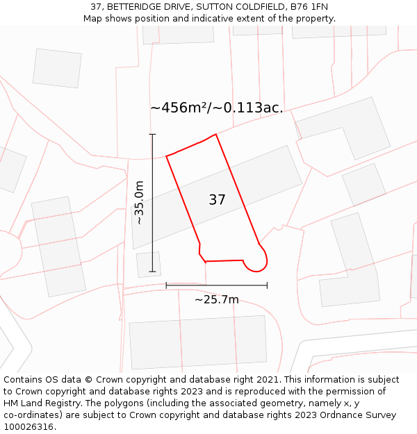 37, BETTERIDGE DRIVE, SUTTON COLDFIELD, B76 1FN: Plot and title map