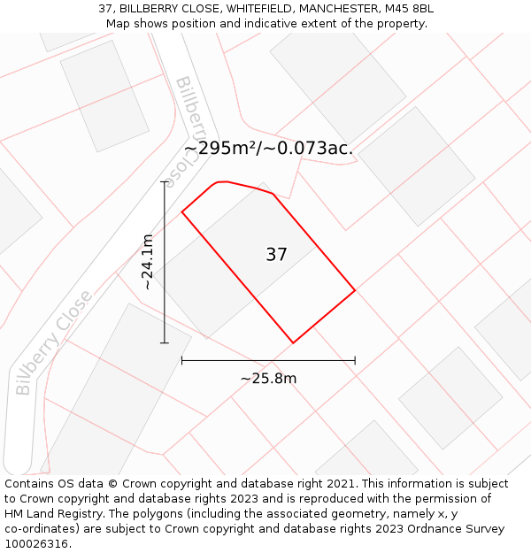 37, BILLBERRY CLOSE, WHITEFIELD, MANCHESTER, M45 8BL: Plot and title map