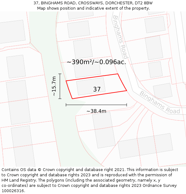 37, BINGHAMS ROAD, CROSSWAYS, DORCHESTER, DT2 8BW: Plot and title map
