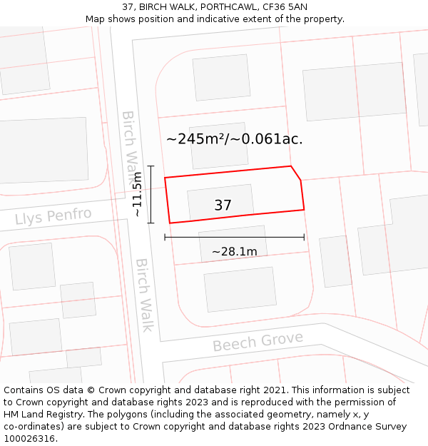 37, BIRCH WALK, PORTHCAWL, CF36 5AN: Plot and title map