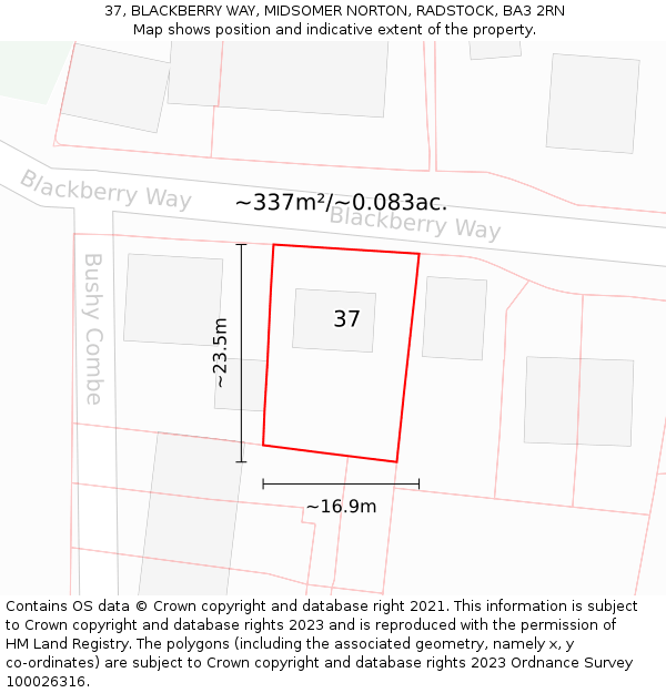 37, BLACKBERRY WAY, MIDSOMER NORTON, RADSTOCK, BA3 2RN: Plot and title map