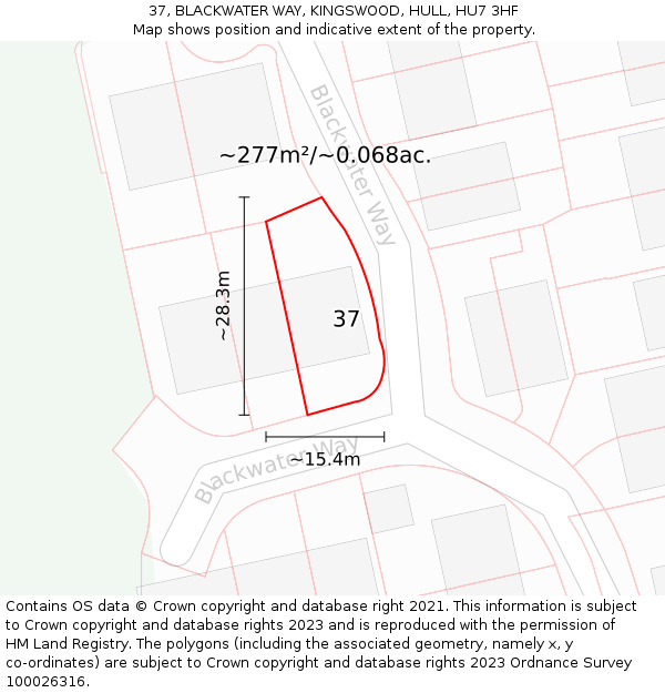 37, BLACKWATER WAY, KINGSWOOD, HULL, HU7 3HF: Plot and title map