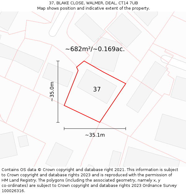 37, BLAKE CLOSE, WALMER, DEAL, CT14 7UB: Plot and title map