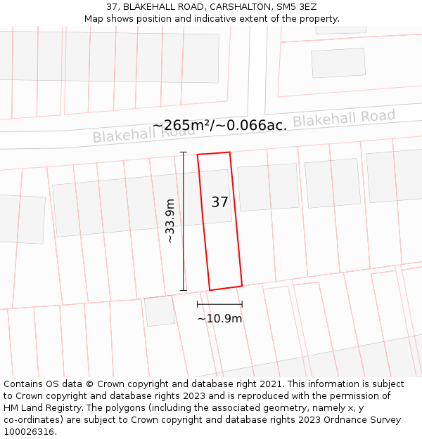 37, BLAKEHALL ROAD, CARSHALTON, SM5 3EZ: Plot and title map