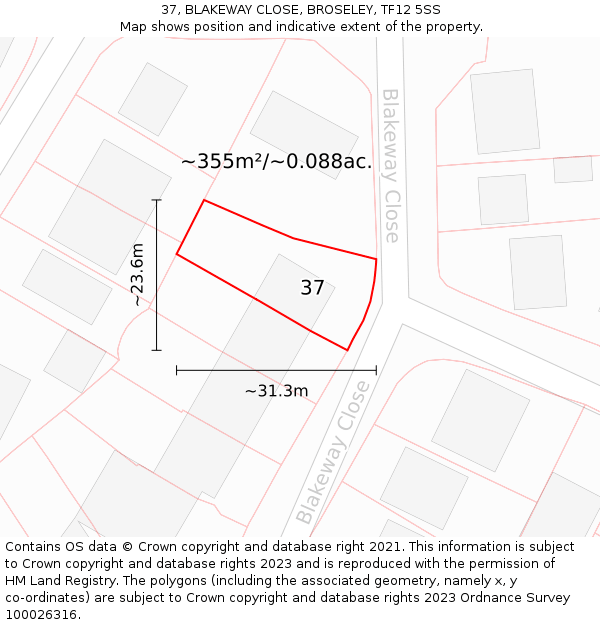37, BLAKEWAY CLOSE, BROSELEY, TF12 5SS: Plot and title map