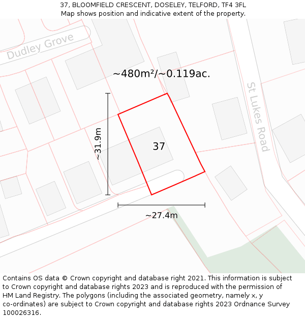 37, BLOOMFIELD CRESCENT, DOSELEY, TELFORD, TF4 3FL: Plot and title map