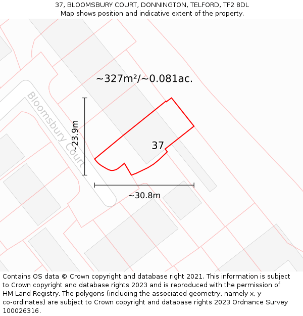 37, BLOOMSBURY COURT, DONNINGTON, TELFORD, TF2 8DL: Plot and title map