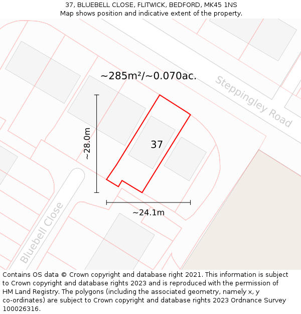 37, BLUEBELL CLOSE, FLITWICK, BEDFORD, MK45 1NS: Plot and title map