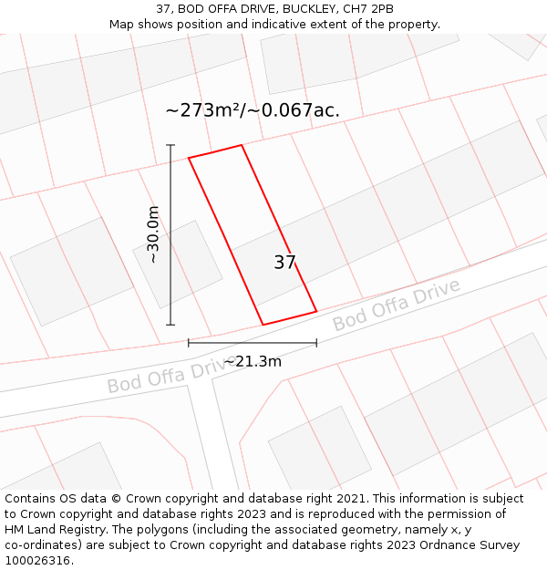 37, BOD OFFA DRIVE, BUCKLEY, CH7 2PB: Plot and title map
