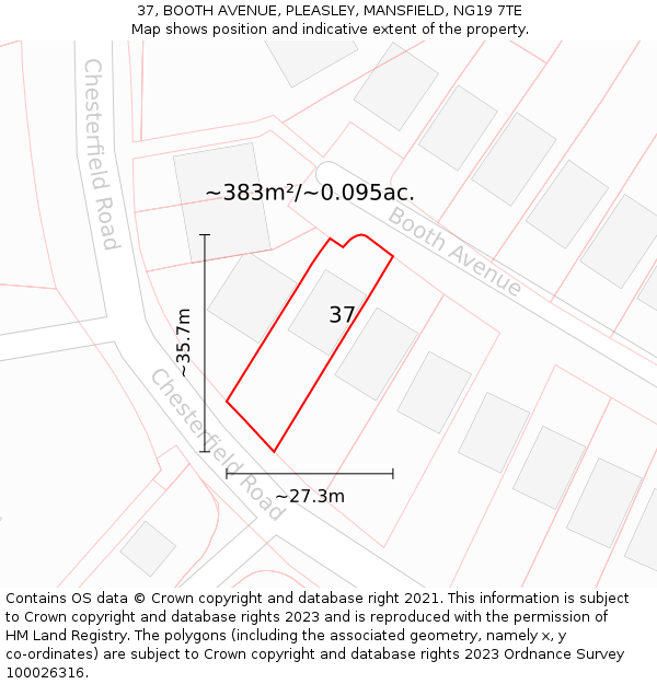 37, BOOTH AVENUE, PLEASLEY, MANSFIELD, NG19 7TE: Plot and title map