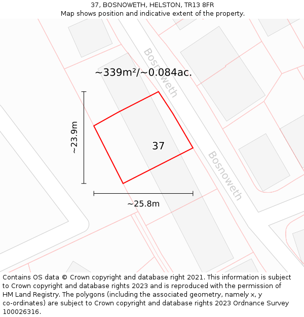 37, BOSNOWETH, HELSTON, TR13 8FR: Plot and title map