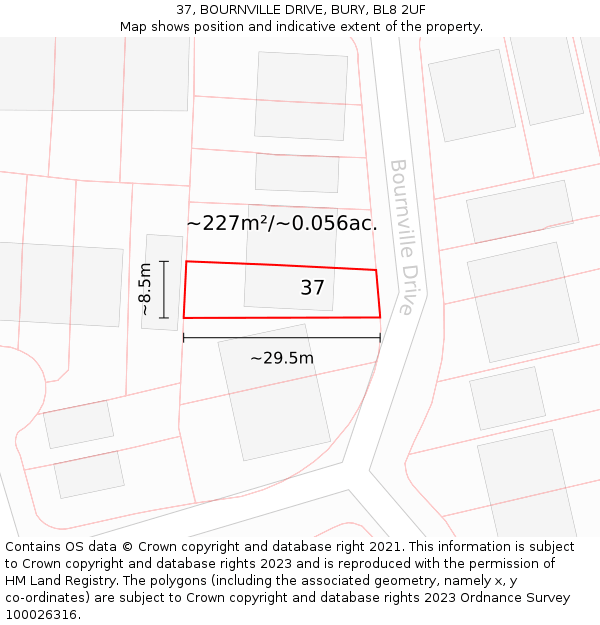 37, BOURNVILLE DRIVE, BURY, BL8 2UF: Plot and title map