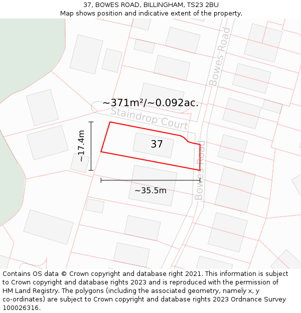 37, BOWES ROAD, BILLINGHAM, TS23 2BU: Plot and title map