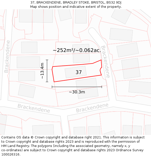 37, BRACKENDENE, BRADLEY STOKE, BRISTOL, BS32 9DJ: Plot and title map