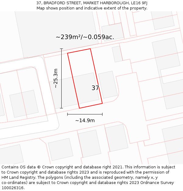 37, BRADFORD STREET, MARKET HARBOROUGH, LE16 9FJ: Plot and title map