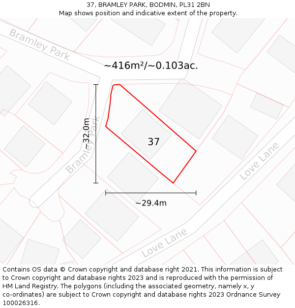 37, BRAMLEY PARK, BODMIN, PL31 2BN: Plot and title map