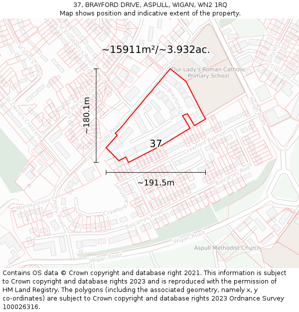 37, BRAYFORD DRIVE, ASPULL, WIGAN, WN2 1RQ: Plot and title map