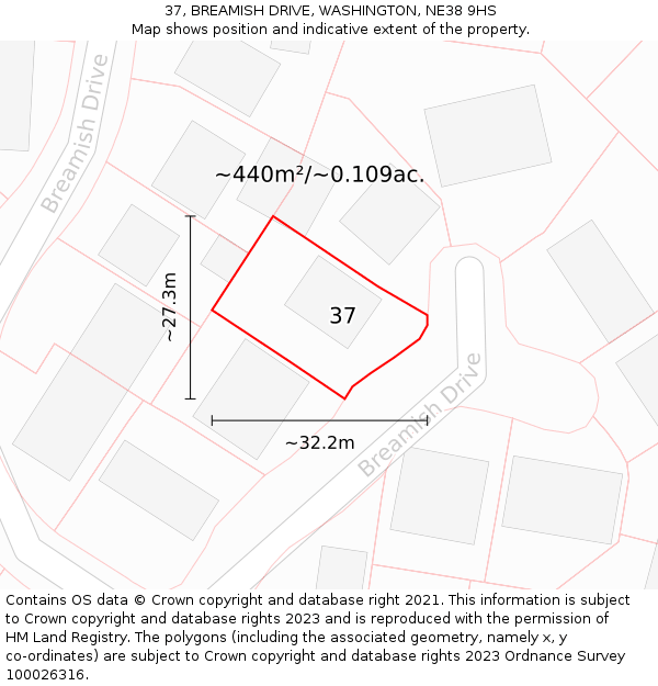 37, BREAMISH DRIVE, WASHINGTON, NE38 9HS: Plot and title map