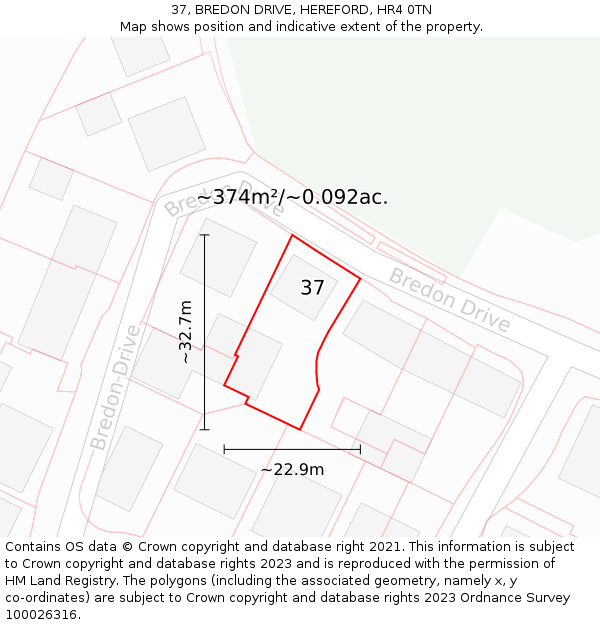 37, BREDON DRIVE, HEREFORD, HR4 0TN: Plot and title map