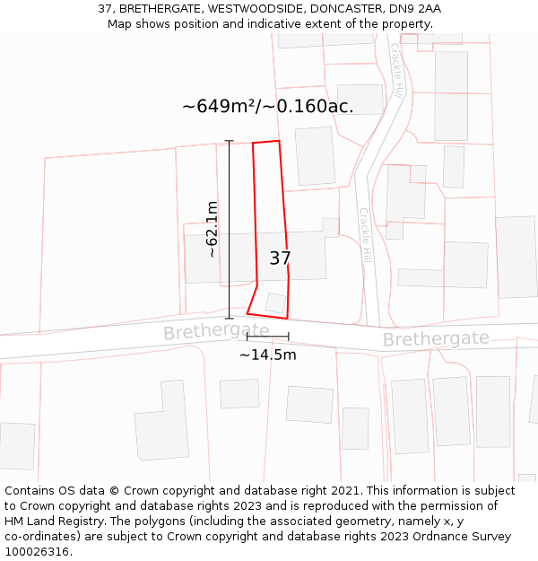 37, BRETHERGATE, WESTWOODSIDE, DONCASTER, DN9 2AA: Plot and title map