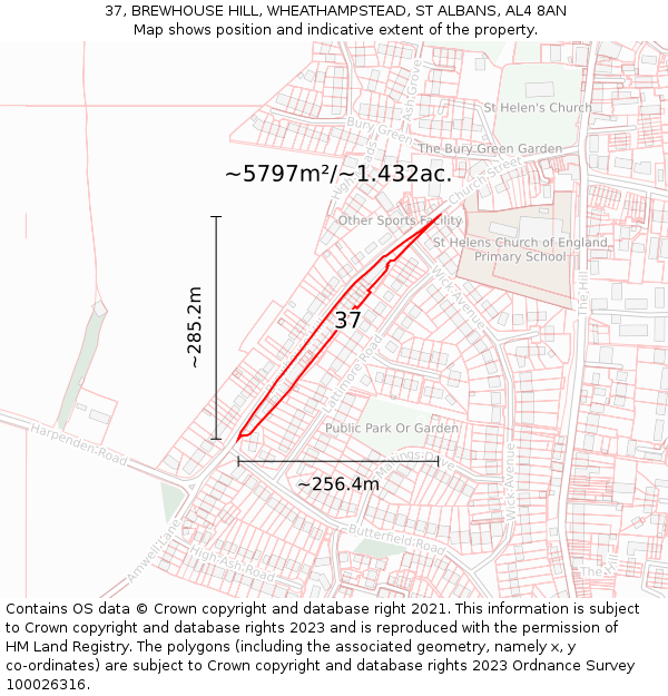 37, BREWHOUSE HILL, WHEATHAMPSTEAD, ST ALBANS, AL4 8AN: Plot and title map