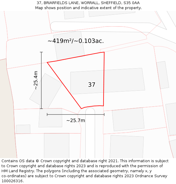 37, BRIARFIELDS LANE, WORRALL, SHEFFIELD, S35 0AA: Plot and title map