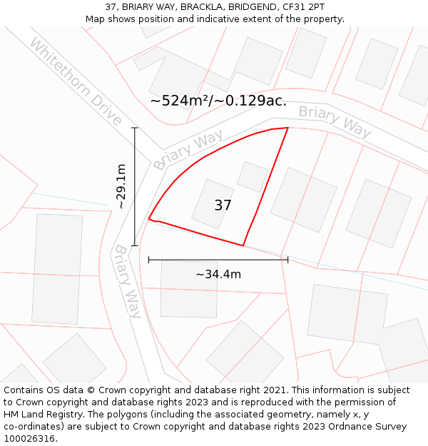 37, BRIARY WAY, BRACKLA, BRIDGEND, CF31 2PT: Plot and title map